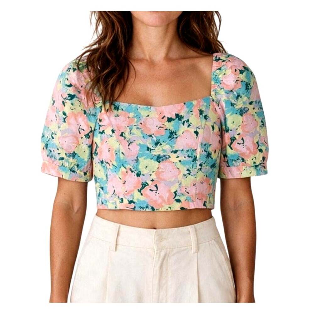 Gianna Bini Women's Small Pink Green Floral Puff Sleeve Square Neck Crop Top